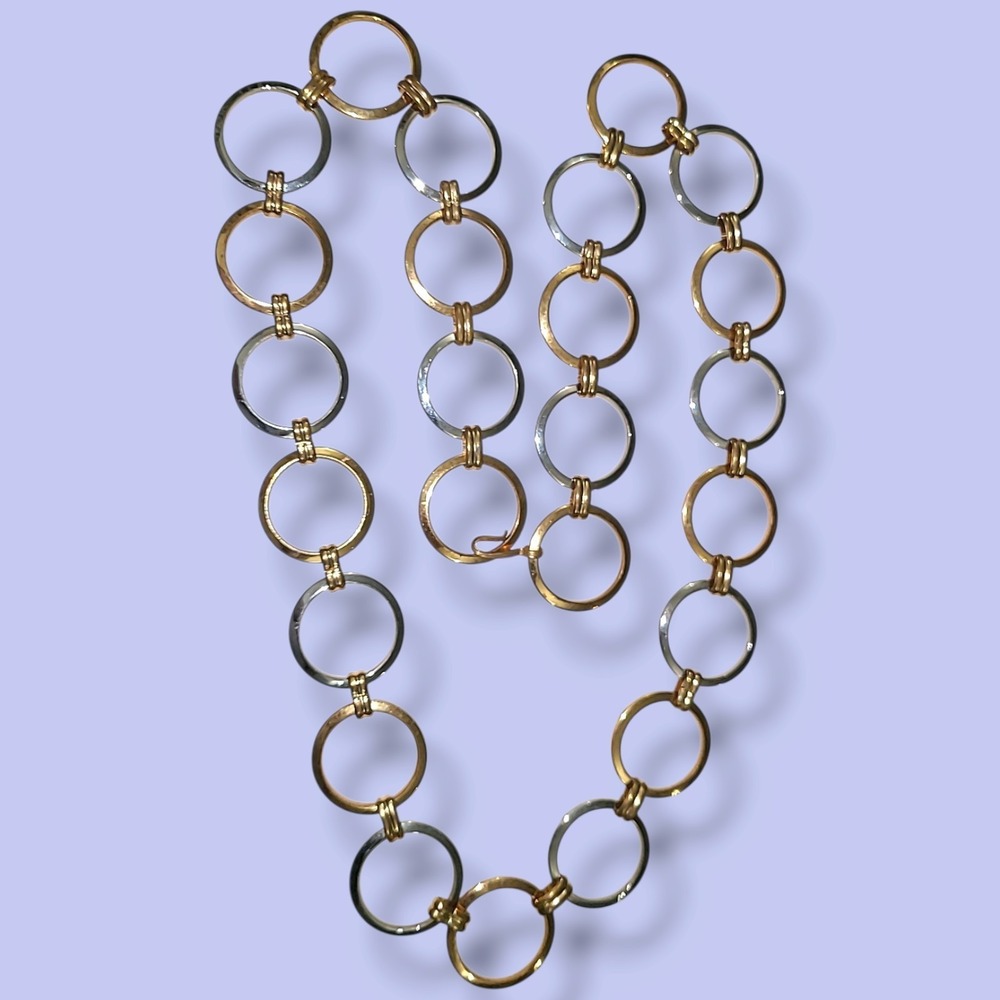 Vintage Two Tone Gold Silver Circle Link Chain Necklace Chunky Statement 32"